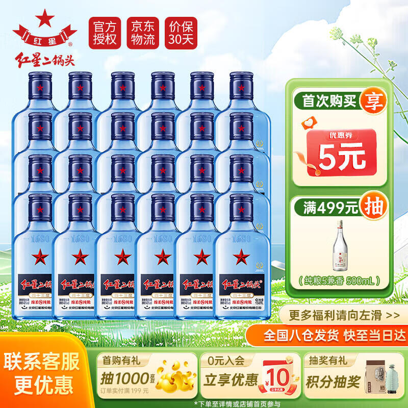 红星二锅头 蓝瓶绵柔8 纯粮清香型高度 小瓶白酒 光瓶 整箱装 43度 150mL 24瓶 箱装