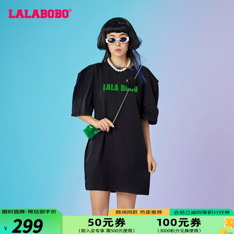 拉拉波波原创潮牌新款运动休闲泡泡袖时尚百搭连衣裙L22B-WLZY23商场同款 黑色 L/170 92A