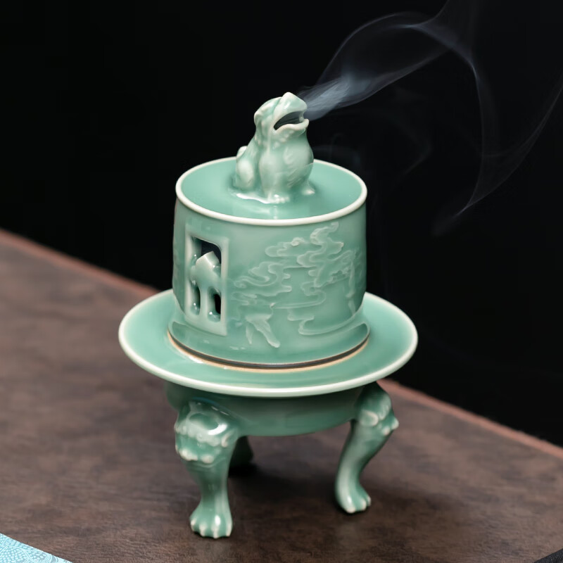 京峰阁 龙泉青瓷仙鹤云台香炉摆件 黄柯仿古全手工陶瓷盘香檀香沉香熏