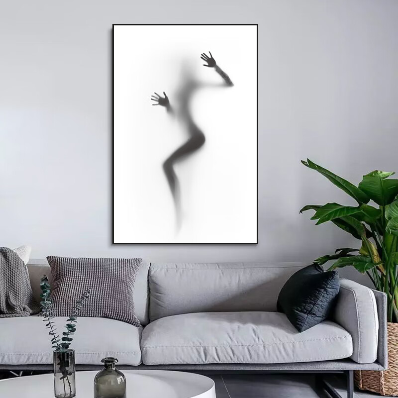 山头林村抽象派装饰画 现代极简黑白灰抽象装饰画人物美女小众挂画