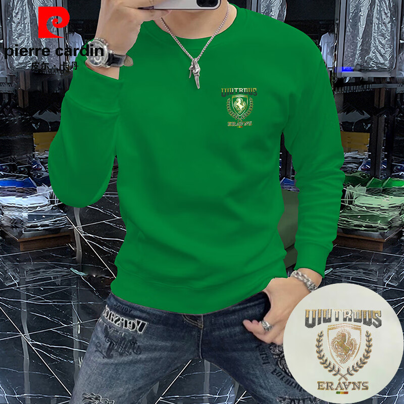 皮尔卡丹（pierre cardin）烫钻圆领卫衣男士秋冬季加绒加厚欧版新款修身长袖上衣打底衫 绿色卫衣 XL 130-145斤
