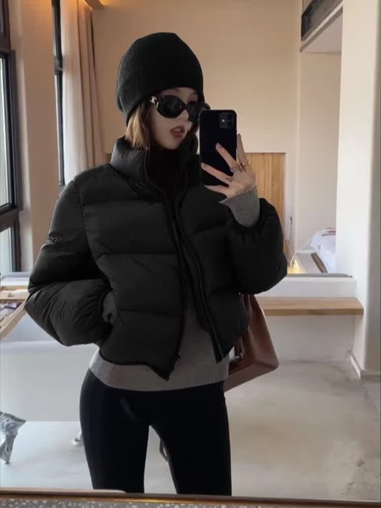 咚憬肯豆美式复古短款面包服女2026新款服立领短外套秋冬季超好看棉服 黑色 S