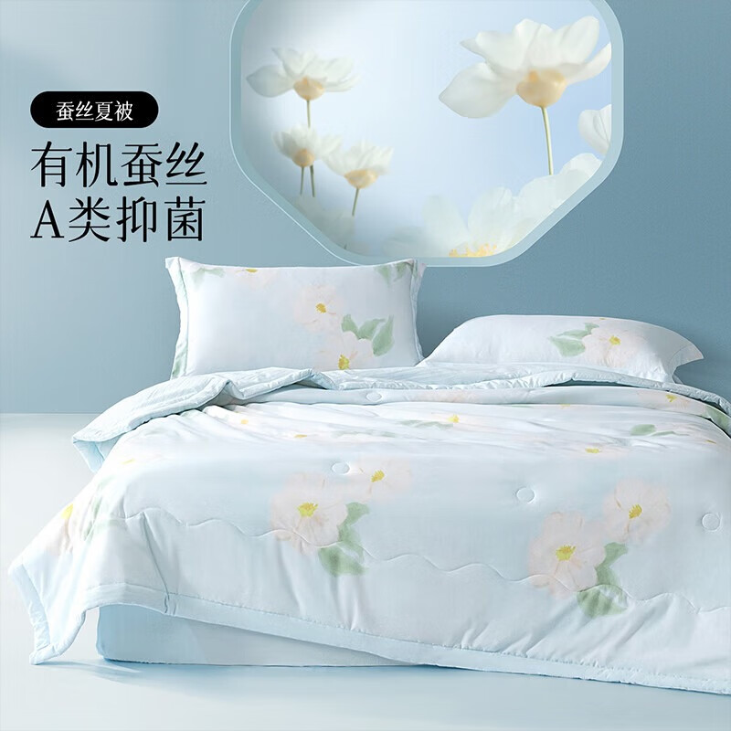 百丽丝水星集团旗下A类100%有机蚕丝夏被 7A抑菌夏凉被子空调被芯可水洗 100%有机蚕丝可水洗【A类/淡蓝】 150cm×200cm