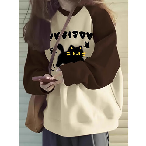 LDBE插肩拼接卫衣女春季加绒加厚宽松oversize慵懒风小众设计感上衣服 棕色袖拼杏色【春秋薄款】 4XL （170-200斤）