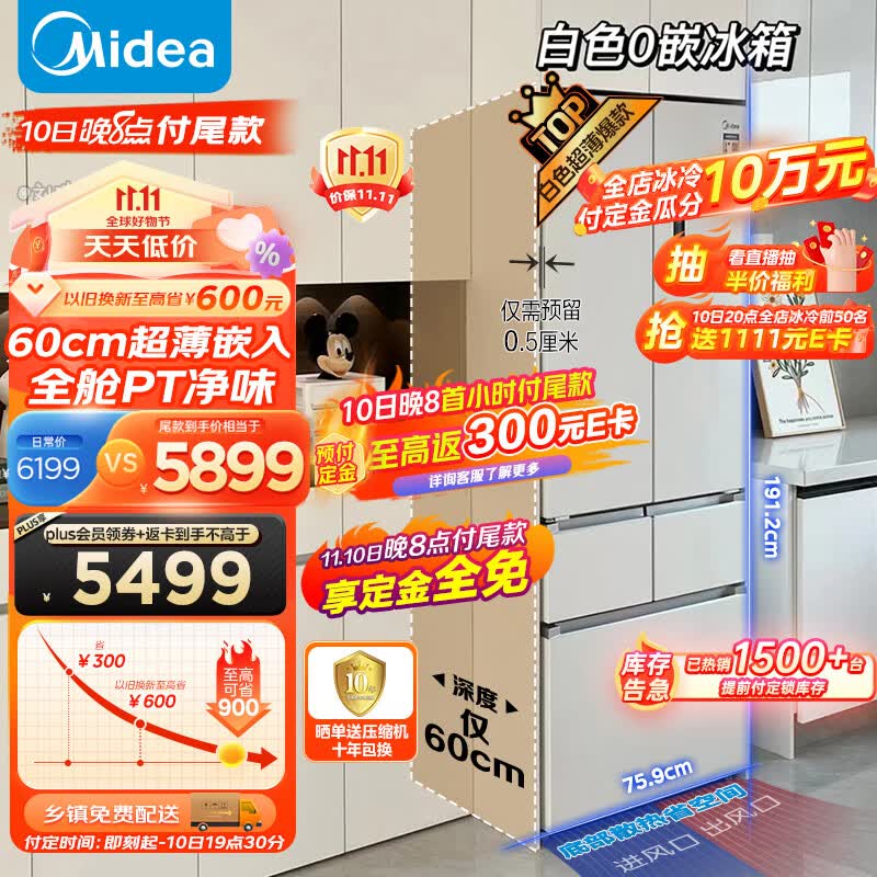 美的（Midea）60cm薄系列424升法式五门多门超薄嵌入大容量家用智能电冰箱无霜一级变频BCD-424WFPZM(E)白色高性价比高么？