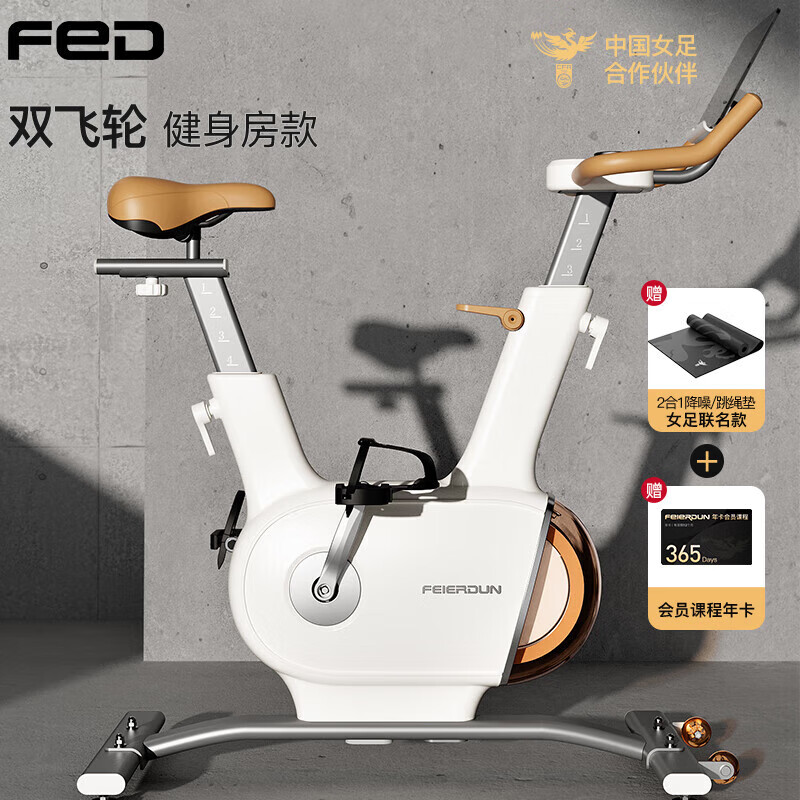 飞尔顿fed动感单车智能家用器材运动磁控静音小型室内自行车健身车 白巧克力【双飞轮+智能调阻】
