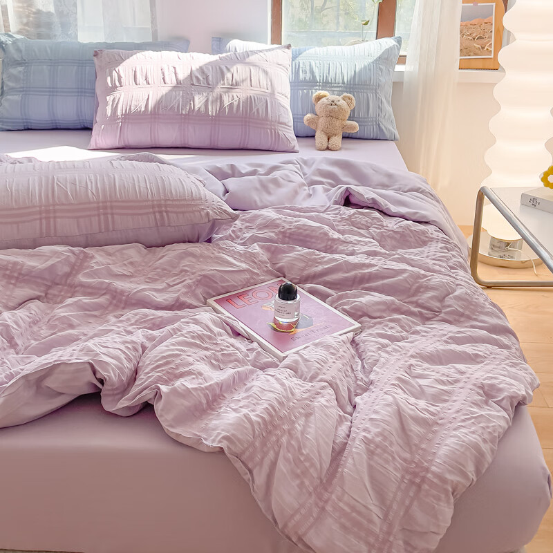 北极绒家纺夏凉被四件套夏天紫色泡泡纱水洗棉夏被公主风薄款空调被芯