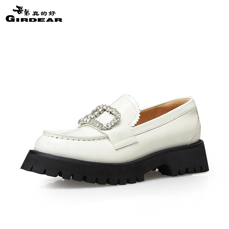 哥弟真的好女鞋牛皮钻扣厚底乐福鞋绅士鞋一脚蹬单鞋ax13075 白 34