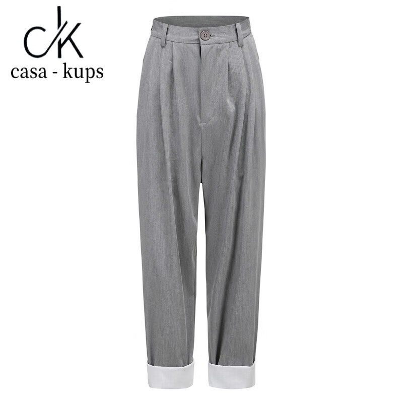 casa-kups春夏新款黑色显瘦弹力灰色阔腿宽松萝卜哈伦裤翻边长裤 灰色
