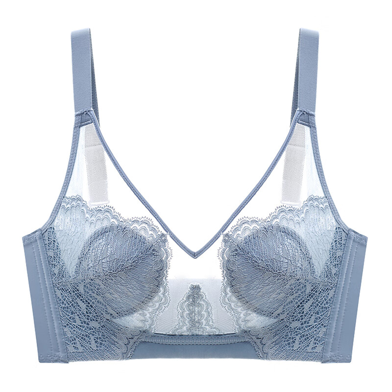 夏季款大胸显小聚拢无钢圈内衣女上托蕾丝性感胸罩 灰蓝 75b34b薄杯