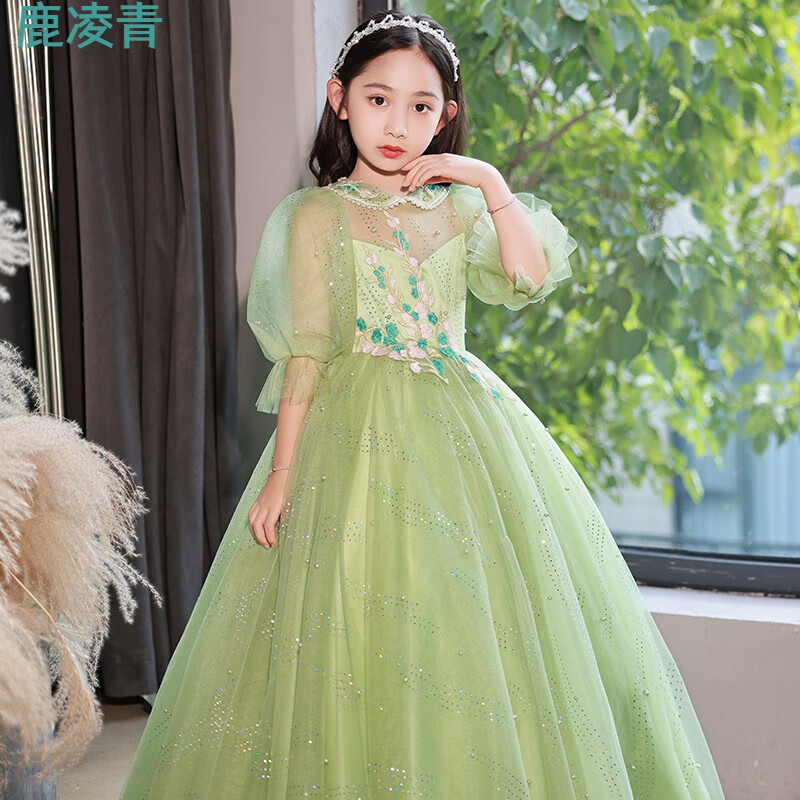 鹿凌青女童晚禮服森系公主裙綠色兒童生日主持人走秀鋼琴演奏演出服生日 果綠色 140cm