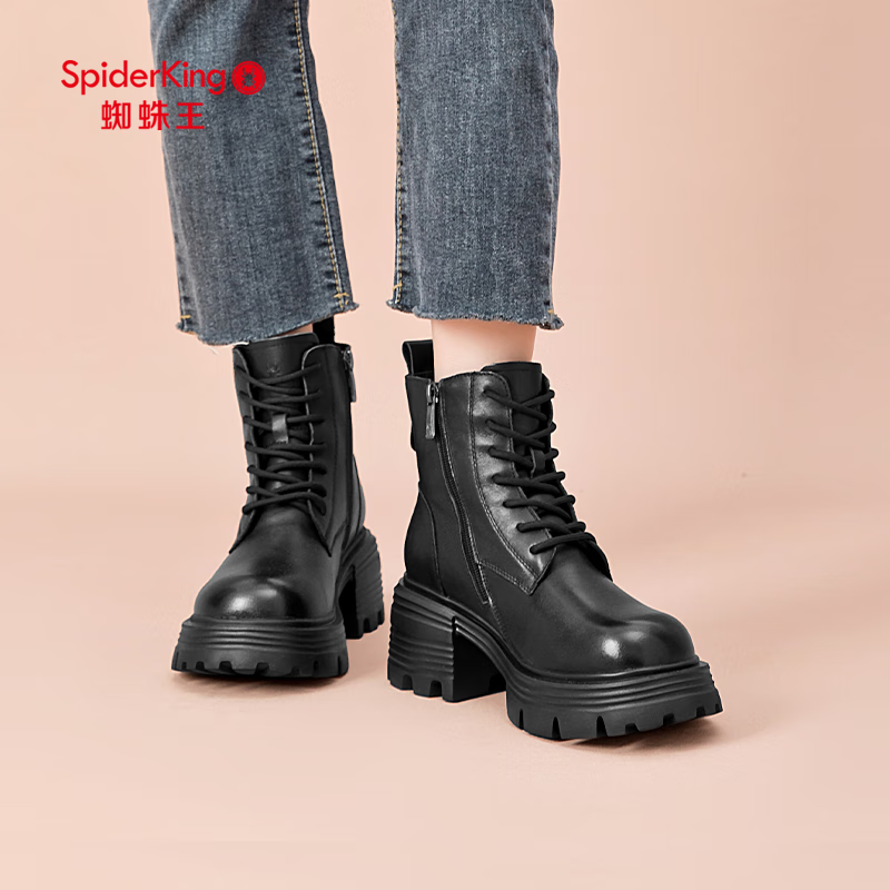 蜘蛛王真皮靴子女2024冬季新款加绒保暖中年女士马丁靴真皮软底软面女靴 黑色 35