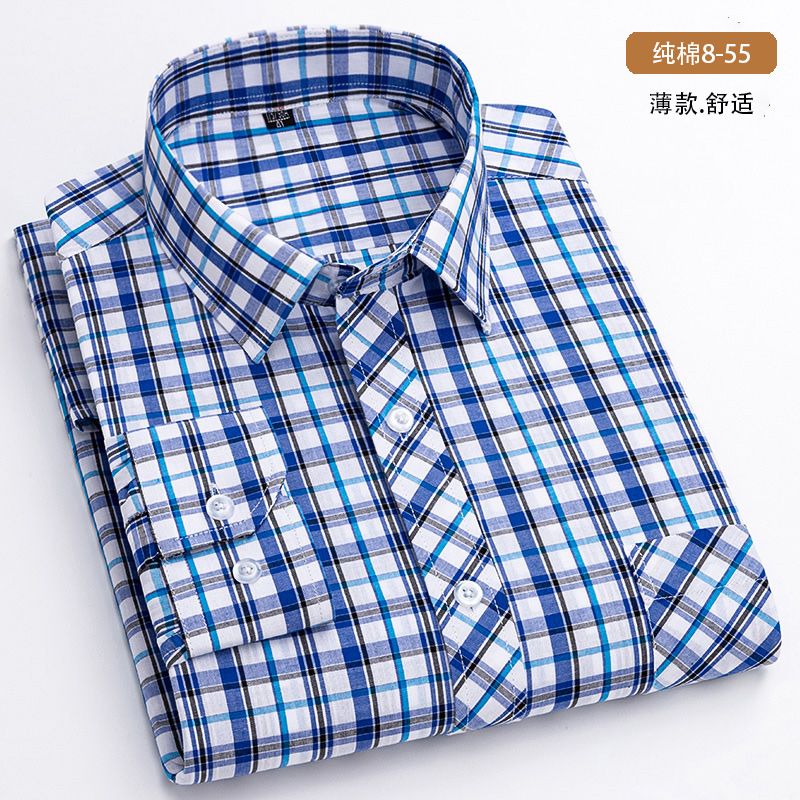 JEEP SPIRIT纯棉格子衬衫男长袖薄款商务休闲百搭方格春夏季免烫全棉男士衬. 纯棉8-55 蓝色小格子 40 130-140斤