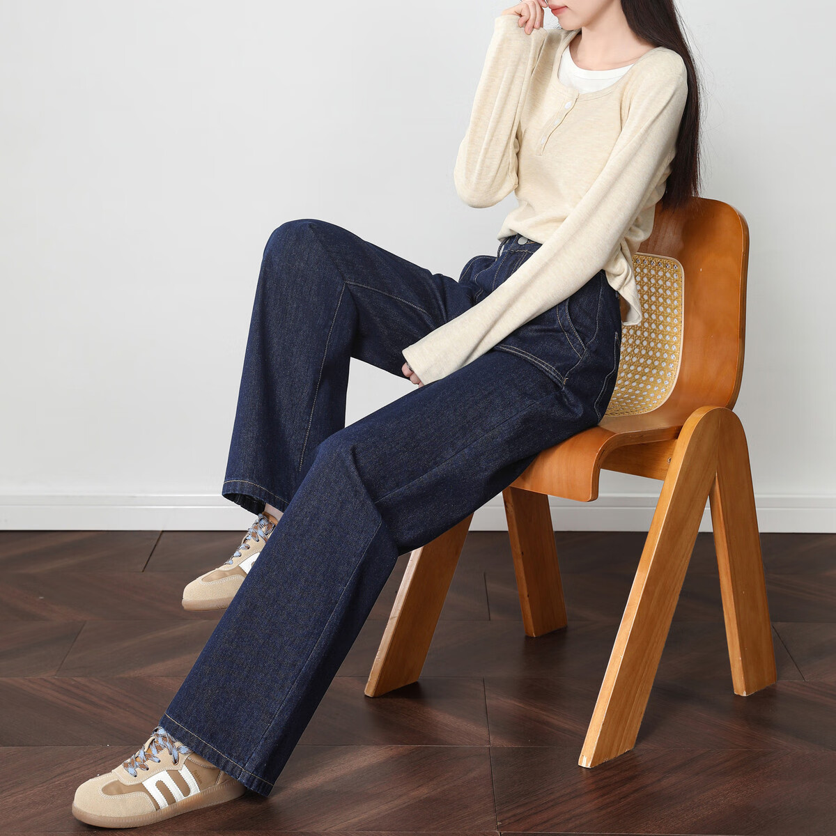 德玛纳（dme）【大长腿欧尼】冬季韩风云感棉直筒藏肉好搭气质女式牛仔休闲裤 深藏青 M