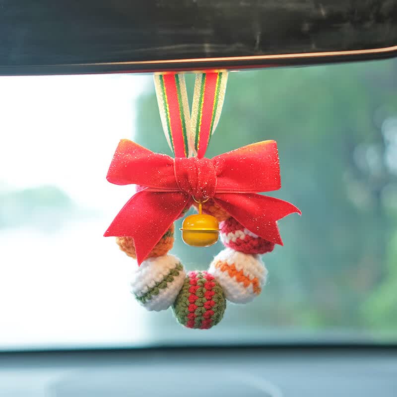 手工编织车内挂件圣诞节手工汽车编绳手工 蝴蝶结圣诞铃铛挂件材料包