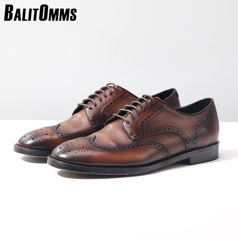 百丽驼美士(balitomms)英伦风胎牛鞋男士布洛克雕花休闲固特异复古
