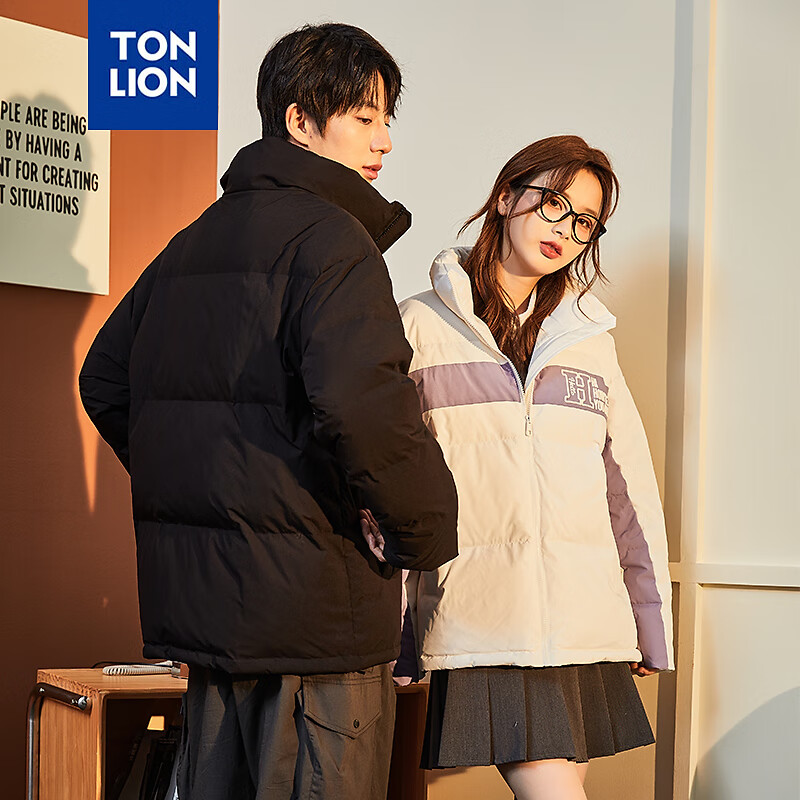 唐狮冬季新款情侣装羽绒服男女加厚立领面包服保暖拼接撞色外套 男款黑色 XXL