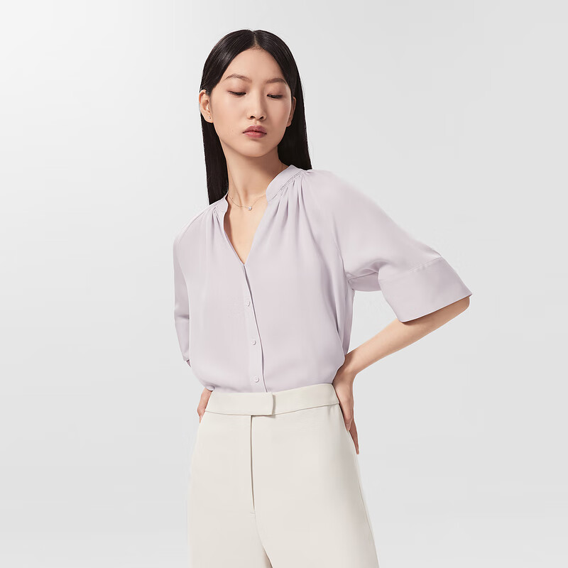 OVV【重磅真丝】OVV22春夏新款女装18.5MM双乔绉V领宽松短袖休闲衬衫 紫灰09 L