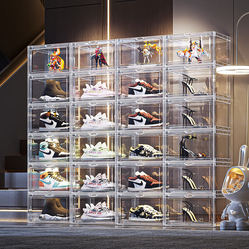 洁莱琳鞋盒pet展示侧开磁吸透明收纳盒材质aj球鞋柜高帮玩具模型存放