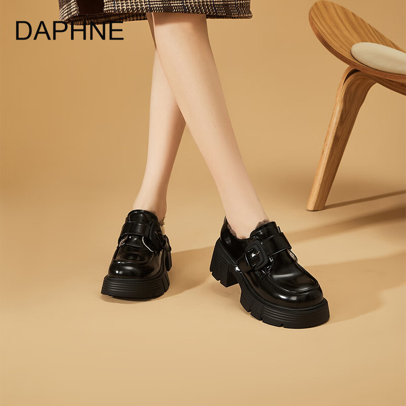 达芙妮加绒乐福鞋厚底百搭2025秋冬新款复古学院jk鞋子女增高黑色小皮鞋 黑色 加绒 38