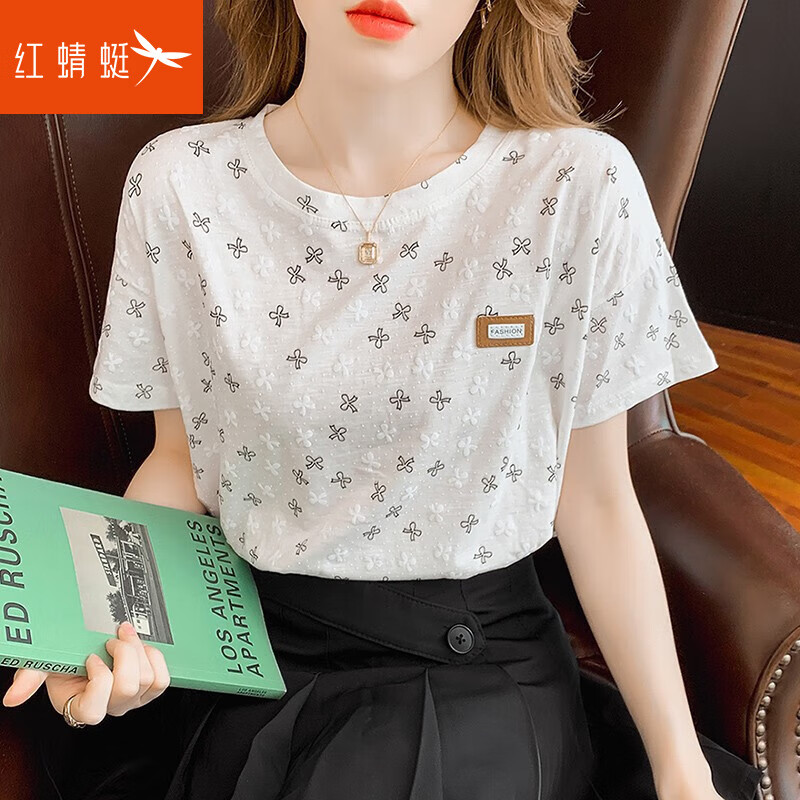 红蜻蜓纯棉短袖t恤女白色半袖女士春夏装新款宽松春夏季时尚老花体恤 蝴蝶花 M
