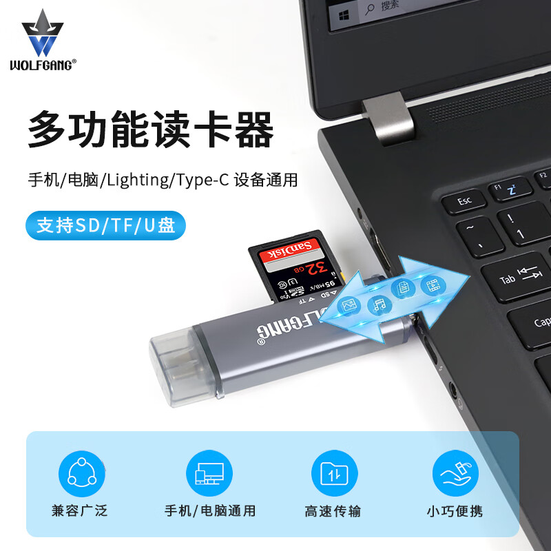 沃尔夫冈（WOLFGANG）DK-661多合一3.0高速读卡器 支持SD卡/TF卡/USB口 【灰色】 标配
