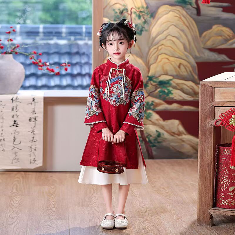 九虞氏女童漢服旗袍連衣裙中式國風(fēng)禮服紅色喜慶改良春秋款長袖旗袍裙子 酒紅色 常規(guī) 130 (適合身高116-125cm)