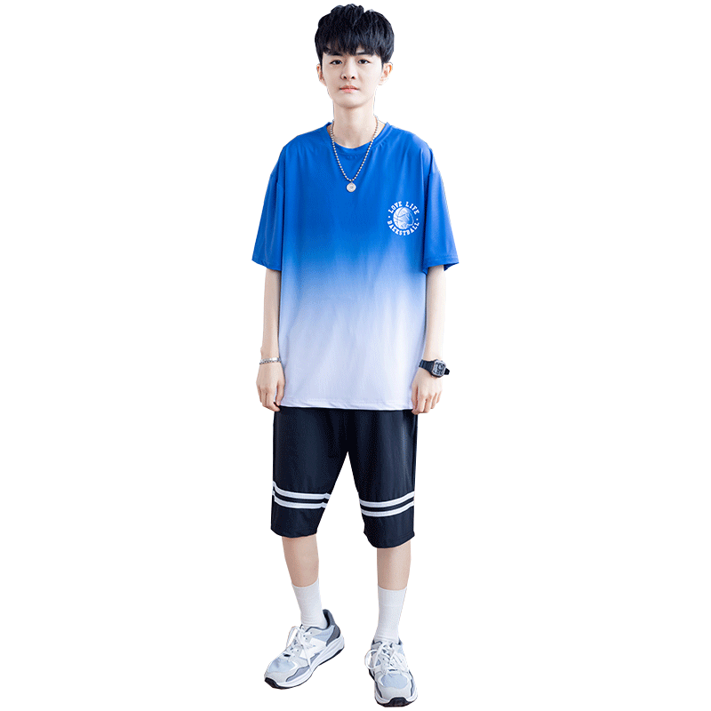阿尼三青少年冰絲速干休閑運動套裝男士2025新款男裝帥氣學生涼感兩件套 蘭色（短袖+短褲） L