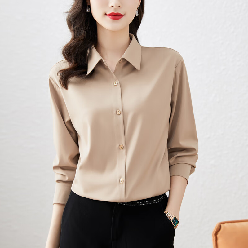 云芳舒夏季娃娃领衬衫女春夏纯色衬衫长职业高端衬衣 卡其色纯色衬衫