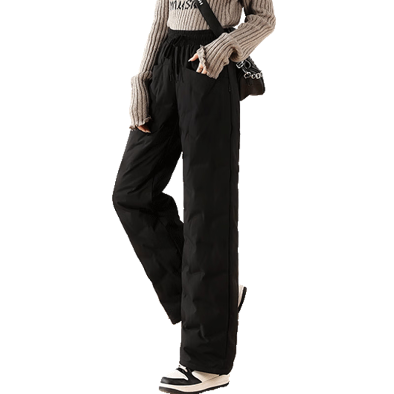 雪中飞羽绒裤女士秋冬保暖加厚时尚潮流休闲阔腿直筒长裤 黑色 170/L 