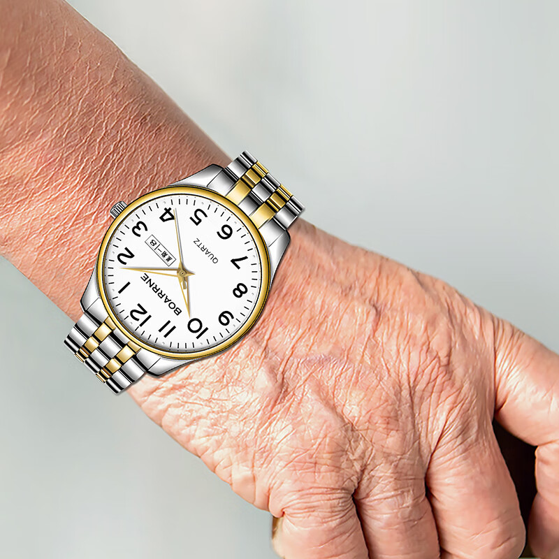 伯恩（BOARRNE）中老年老人手表男士女式大数字夜光电子防水表送爸妈爷爷新年礼物 809A金边钢带-日历-男表