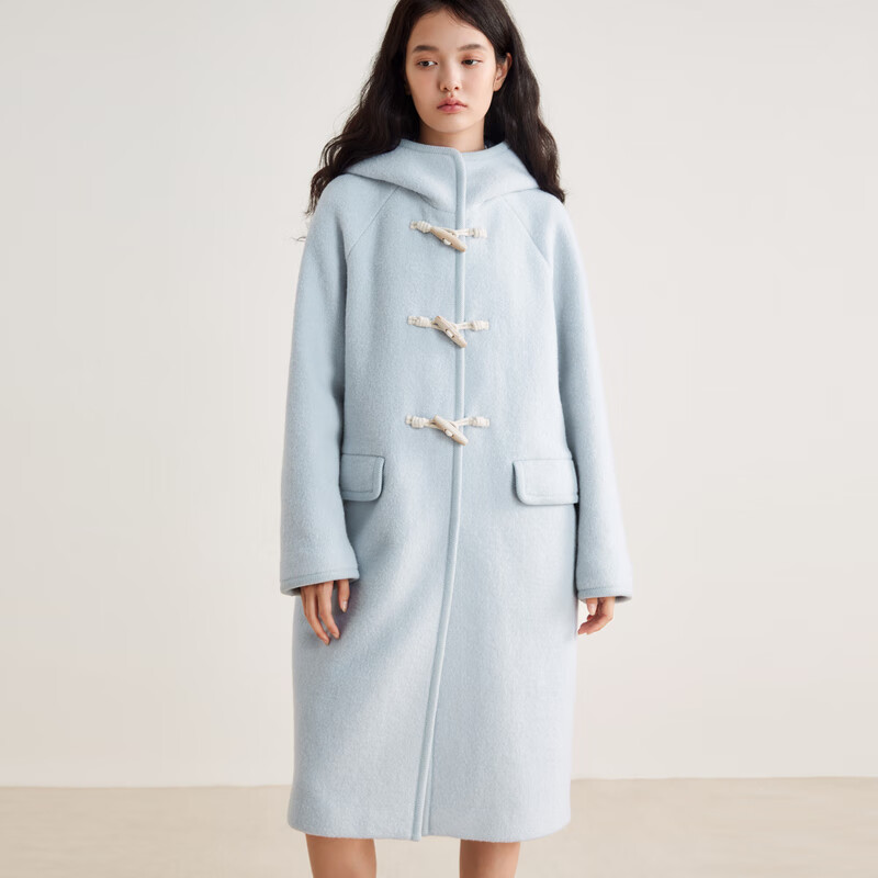 乐町韩系少女风长款连帽牛角扣大衣2024秋冬季新款圈圈毛呢外套女 轻柔蓝(现货) S