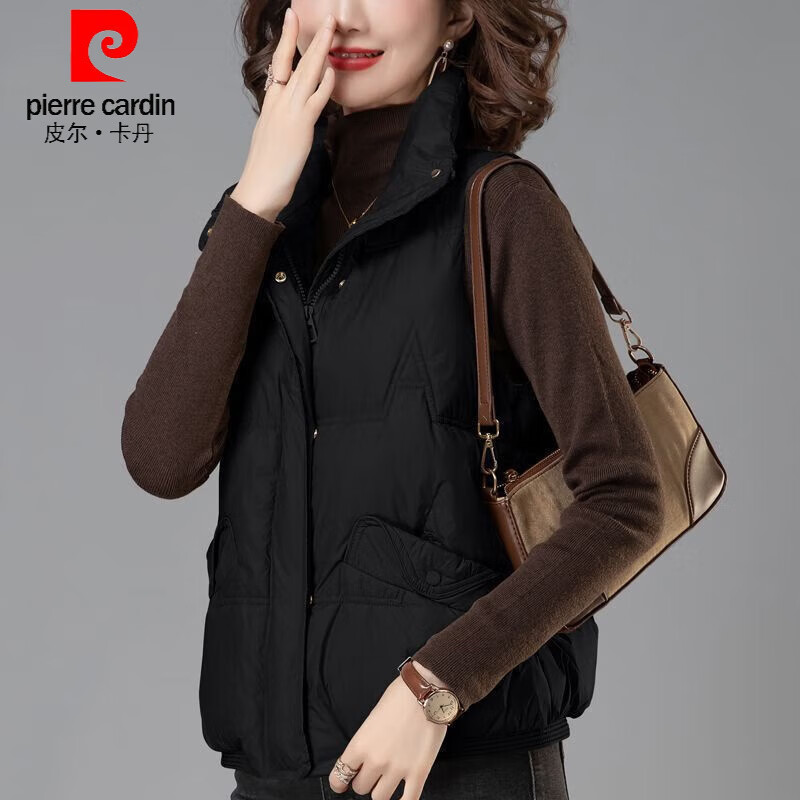 皮尔卡丹（pierre cardin）白鸭绒羽绒马甲女外穿短款2025新款秋冬时尚宽松百搭马夹背心外套 黑色 【高品质白鸭绒】 XL 建议128-140