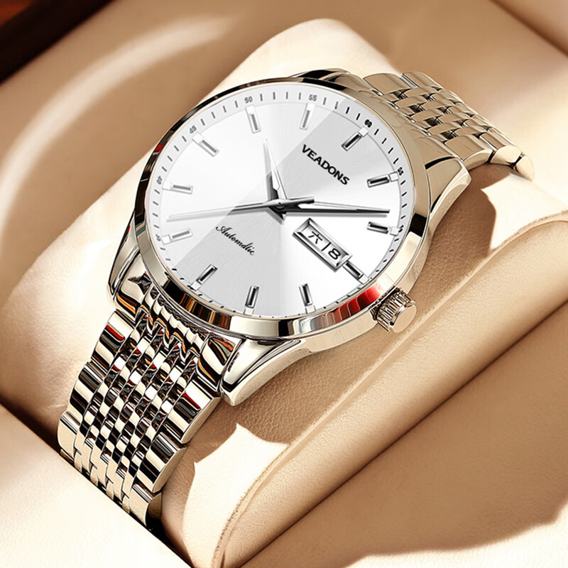 威顿(veadons)手表男士机械表商务时尚双日历夜光防水腕表 3081白壳