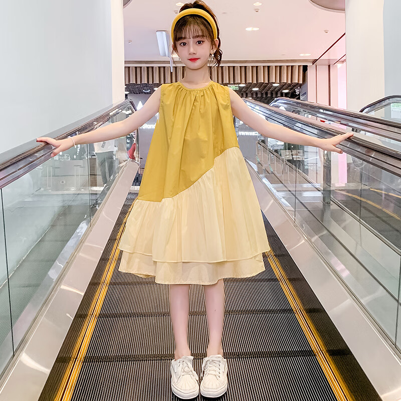 酷樂羊女童連衣裙2025新款夏季兒童薄款洋氣公主裙大童夏裝女孩網(wǎng)紅裙子 黃色 140