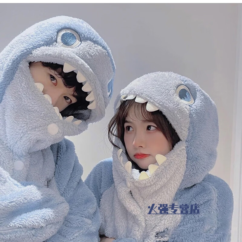 蓝诺猫2023新款鲨鱼情侣套装2022款睡袍家居服男珊瑚绒法兰绒加厚睡衣