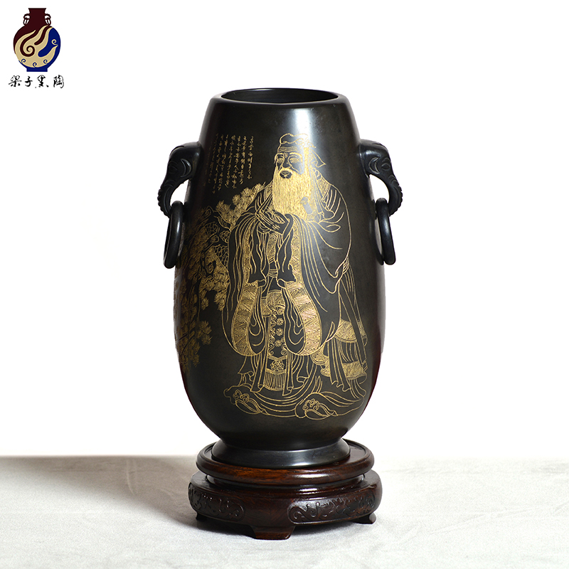 非遗济南龙山黑陶孔子尊像象耳瓶手工陶瓷工艺品摆件饰品山东礼品