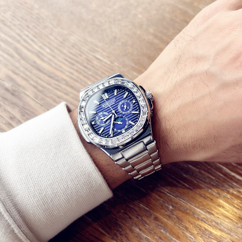 木阔鹦鹉螺多功能全自动机械表防水夜光钢带腕表时尚潮流商务复古礼物 银壳蓝面多功能款