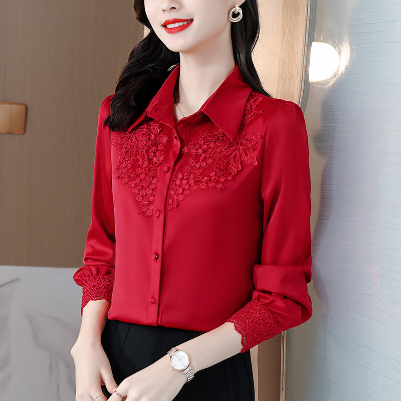 善红色春日衬衫春装女2024年新款洋气时尚高端大牌真丝长袖上衣 红色