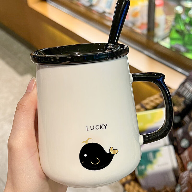 生态宜家【官方直销】带勺有盖杯子马克杯带盖勺情侣陶瓷女可爱创意