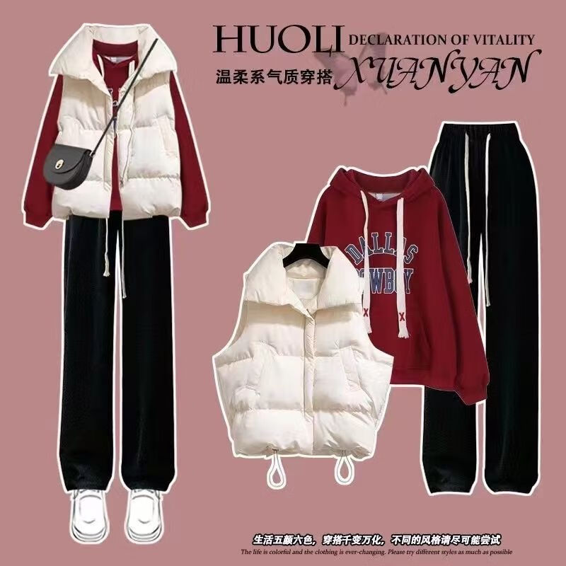 单间过年衣服套装女韩系秋冬时尚学生韩版学院风马甲加绒卫衣休闲裤三