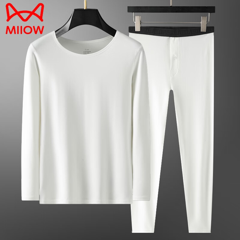 猫人(MiiOW)秋冬季薄款男士桑蚕丝保暖内衣套装内穿打底衫100S莫代尔秋衣秋裤 白色(套装) 3XL