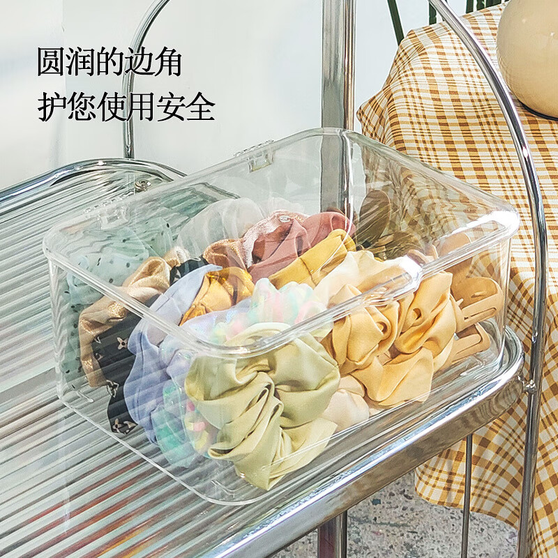 米黛蕾桌面收纳盒透明亚克力杂物筐办公室卧室宿舍带盖防尘整理盒 透明色1个装小号容量迷你款