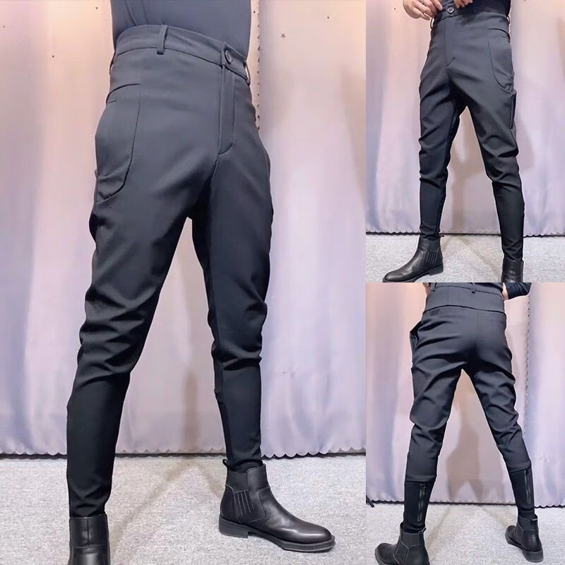 lun)配马丁靴的男士裤子西库裤修身小脚裤男士秋季束口马裤黑色小脚修