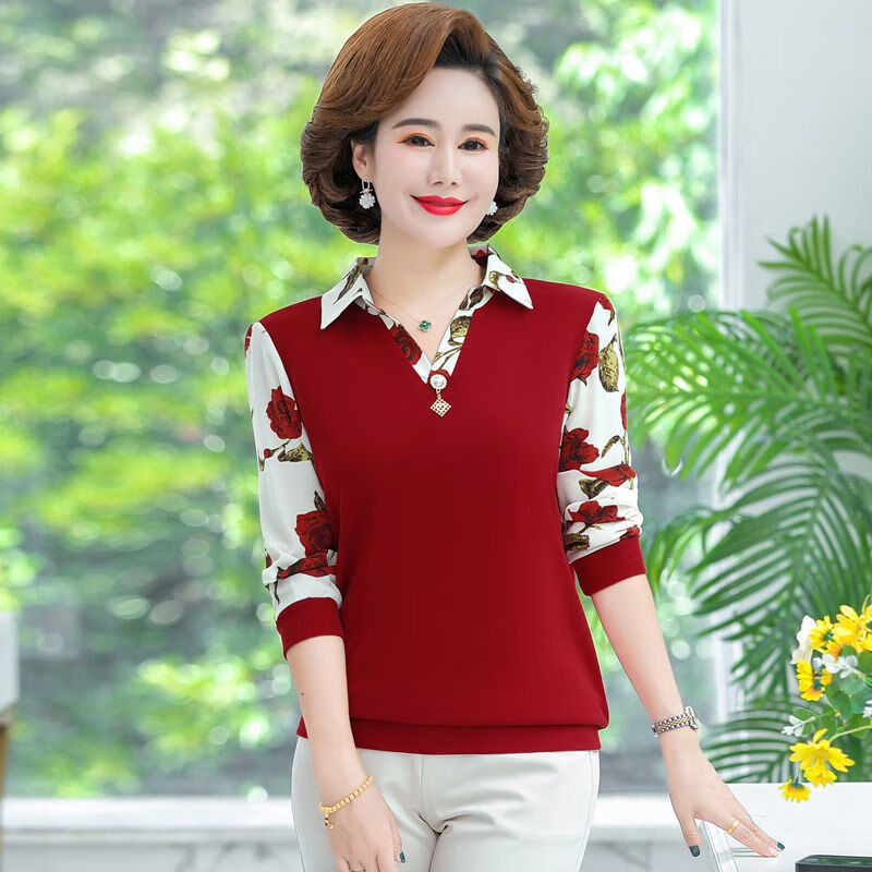 春秋装50到60岁穿洋气中年衬衫套装秋款打底衫中老年女装小 红色上衣