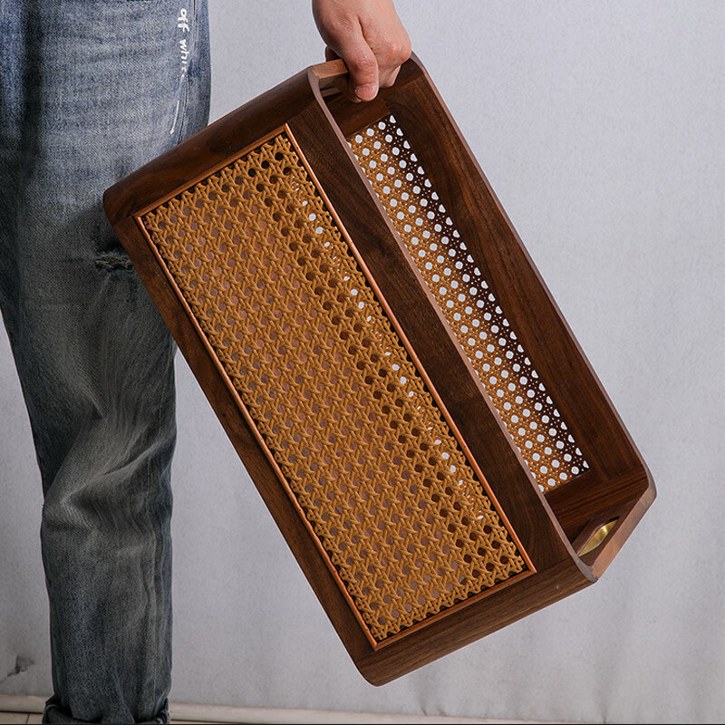 LIUIUSU手工实木藤编收纳篮 黑胡桃木高级轻奢衣物收纳筐桌面整理杂物筐 藤木筐-大号高款（45*30*20cm）