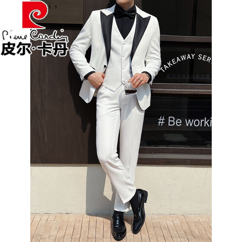 皮尔卡丹（pierre cardin）新郎结婚西装套装男宴会正装西服三件套戗驳领修身帅气塔士多礼服 戗驳领黑色(西装+马甲+裤子)送白 M