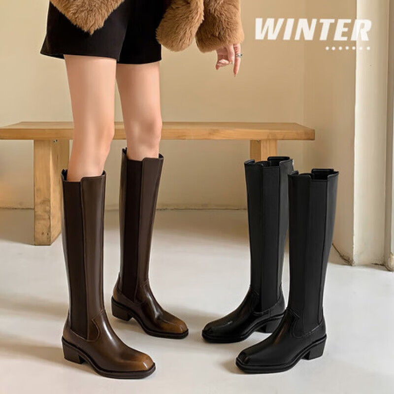 百丽驼美士 balitomms牛皮平底长靴女冬季新款方头长筒骑士靴女靴高筒