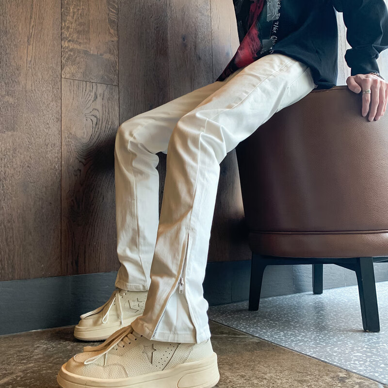 迪伽达裤子男春秋修身牛仔裤男美式vibe长裤痞帅开叉直筒休闲微喇裤男装 CHFS-C1051白色 常规 M 【建议105-115斤】