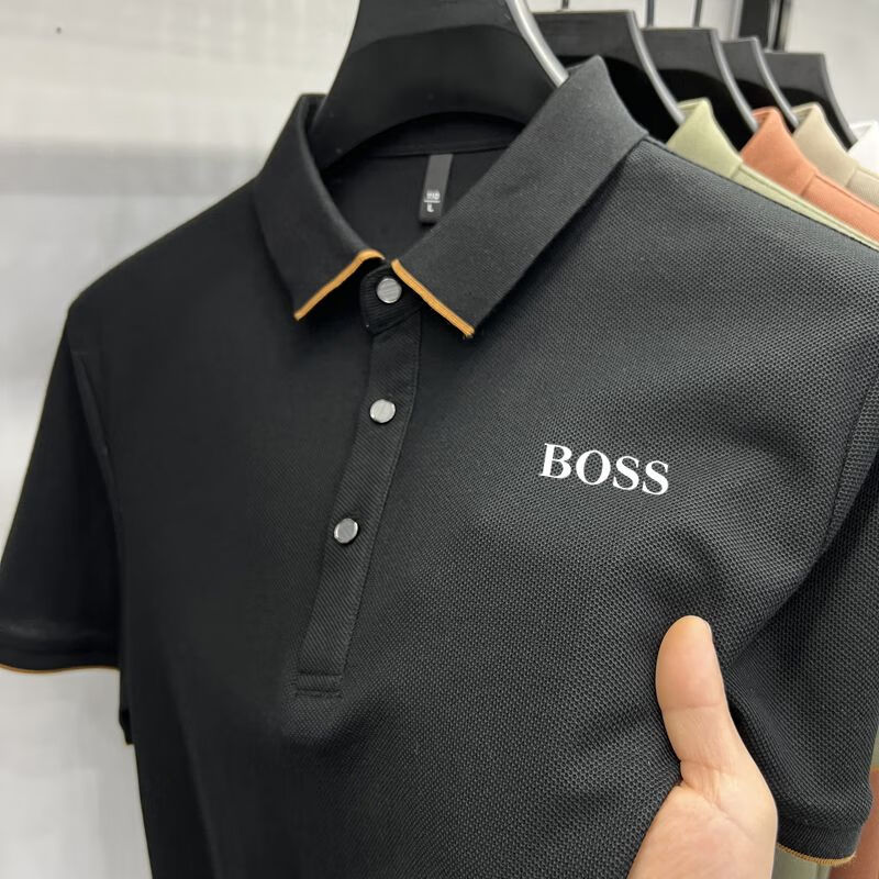 boss轻奢德国男士短袖t恤夏季新款翻领休闲高端纯色免烫棉polo衫 黑色
